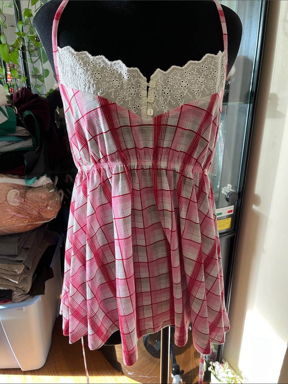 Lace-Trim Pink Plaid Spaghetti Strap Women’s Top